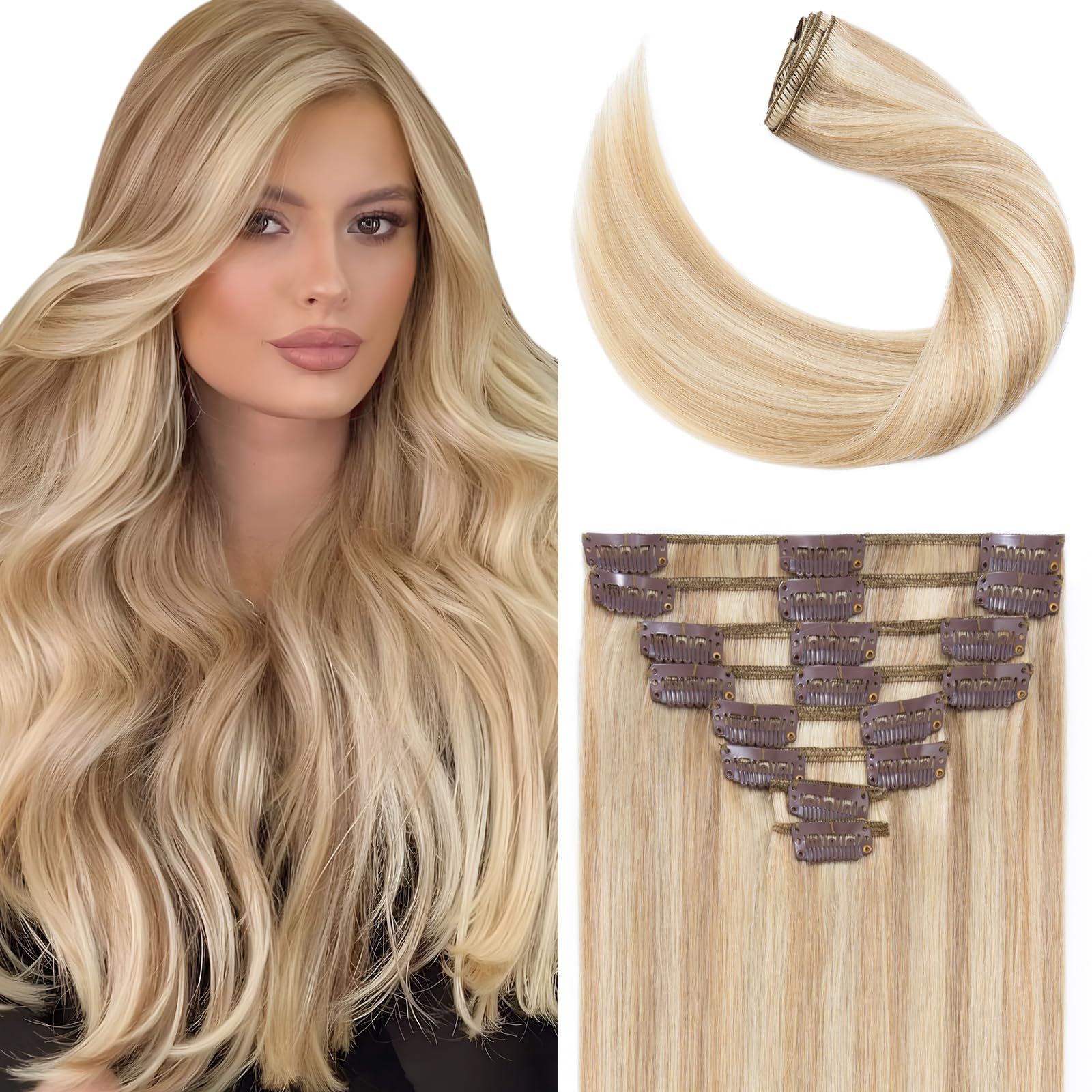 Elailite Clip in Hair Extensions Real Human Hair - 8 Pieces Standard Weft Full Head Remy Hair Straight - #18/613 Ash Blonde Mix Bleach Blonde - 10 Inch (75 g)