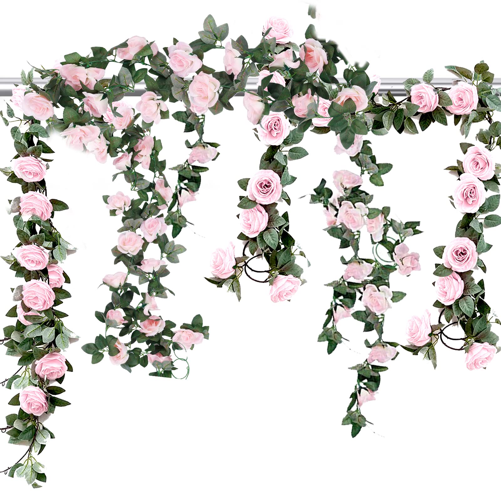 2 Pack 7.2FT Artificial Rose Garland, Artificial Flower Vine Hanging Rose Garlands for Outdoor Indoor Wedding Wall Badroom Decoration (Pink)