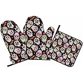 Samgula Sugar Skulls Oven Mitts and Pot Holders Sets Flower Texture Hearts Day of The Dead Heat Resistant 3pcs for Cooking Baking BBQ