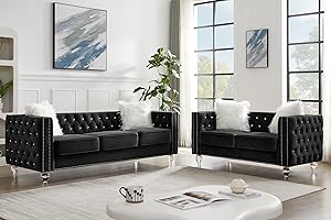 mikibama Velvet Loveseat Sofa Couch Set for Living Room, Modern Decor Furniture Tufted Sofa Set with Nailhead Acrylic Legs and 2 Pillows for Bedroom, Hall(Black)