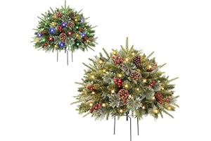 Alupssuc Set of 2 18 Inch Pre-lit Frosted Christmas Urn Filler with 50 Multi-Color Lights, Timer, Battery Operated, Lighted O