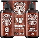 Viking Revolution Beard Wash & Beard Conditioner Set with Argan & Jojoba Oils - Softens and Strengthens - Natural Sandalwood Scent - Beard Shampoo with Beard Oil (17 oz)