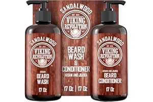 Viking Revolution Beard Wash & Beard Conditioner Set with Argan & Jojoba Oils - Softens and Strengthens - Natural Sandalwood Scent - Beard Shampoo with Beard Oil (17 oz)