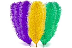 JUTOM 18 Pcs Mardi Gras Feathers for Crafts 10-12 Inches Natural Green Gold Purple Feathers Bulk for DIY Craft Carnival Costume Mardi Gras Party Decorations(Pure Gold, Purple, Green)