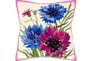 Brvsk Floral Needlepoint Kit for Adults and Beginners — Cornflowers 16″ × 16″ with Clear, Precise Printed Design on Cotton Canvas; Includes 2 Needles, Yarn, and Easy-Read Chart