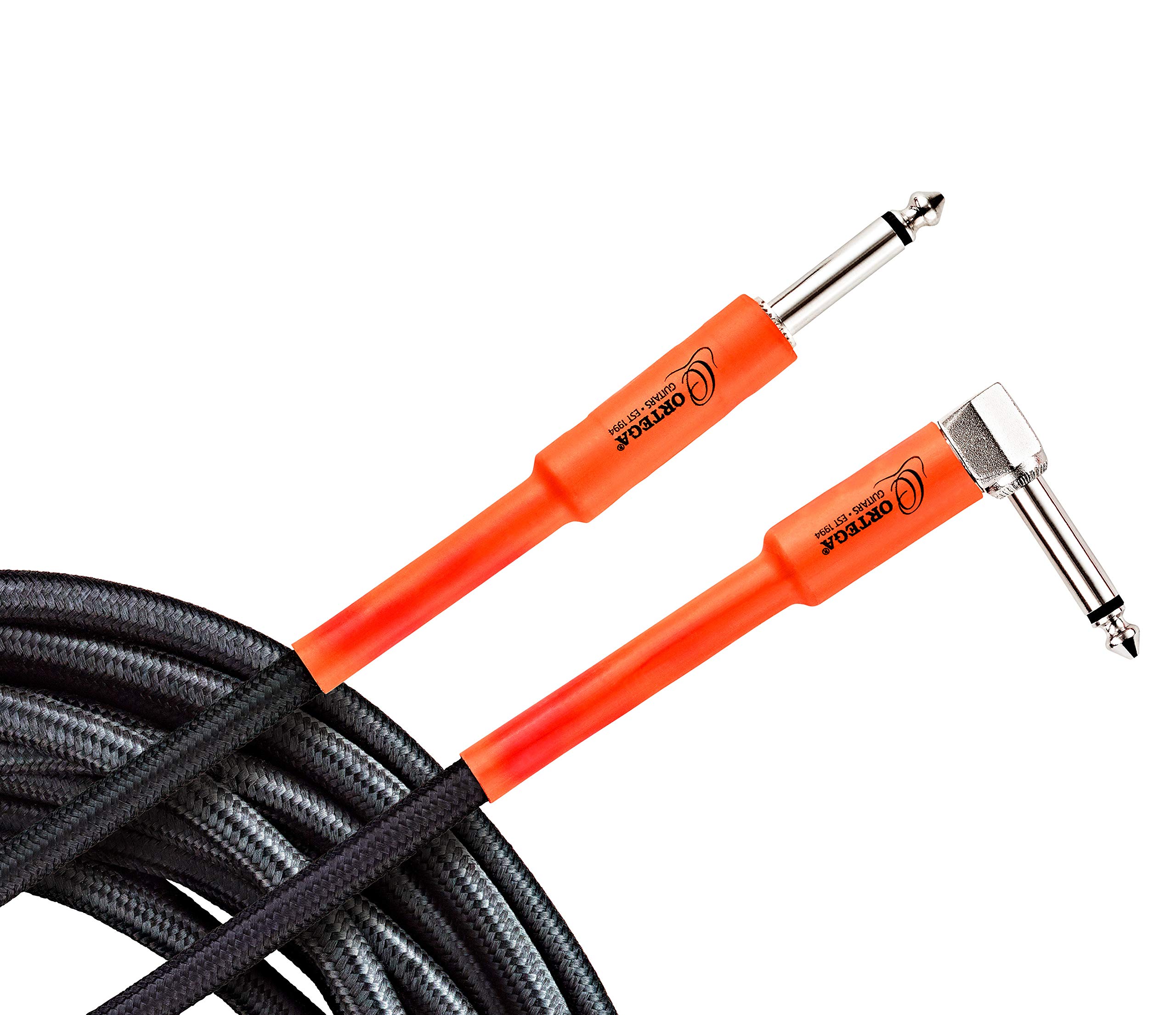 Ortega Guitars Economy Series Cable - Instrument Cable - Length 6 m - Angle and Straight - Nylon, Black and Orange (OECI-20)