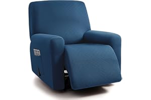 ULTICOR Squared Jacquard Design, 4-Piece, 1 Seat Recliner Cover, Reclining Chair Covers for 1 Cushion Reclining Sofa, Single Seat Recliner Couch Cover, Thick, Soft, Washable (Recliner Cover, Navy)