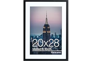 Frame Amo 20x28 Black Picture Frame with 15.5x23.5 White Mat Opening for 16x24 Image, 1 Inch Border, Acrylic Face