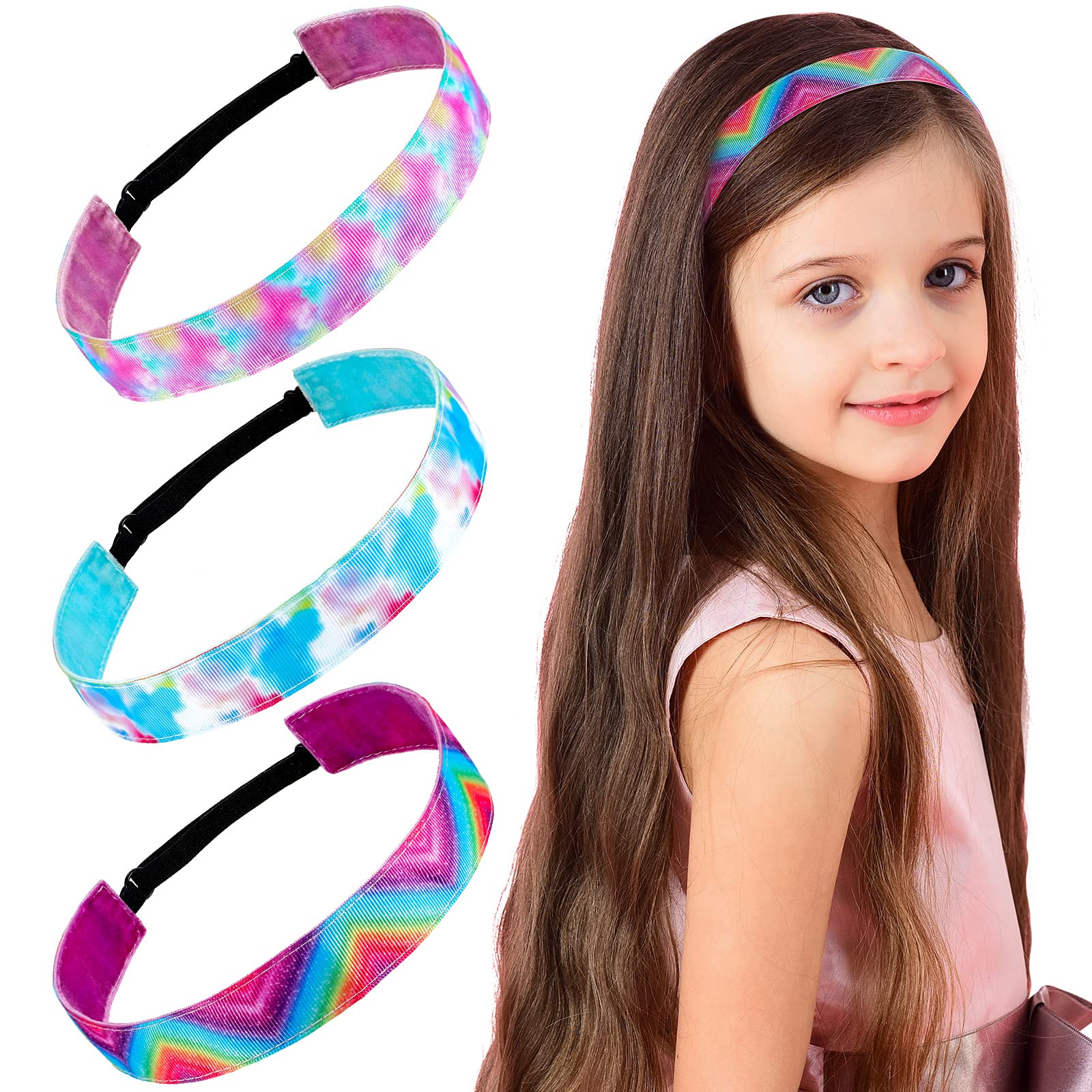 3 Pieces Tie Dye Elastic Headbands Kids Girls Tween Wide Head Bands Stretch Sports No Slip Chic Stretch Hairband for Yoga Adjustable Hair Band Hair Accessories