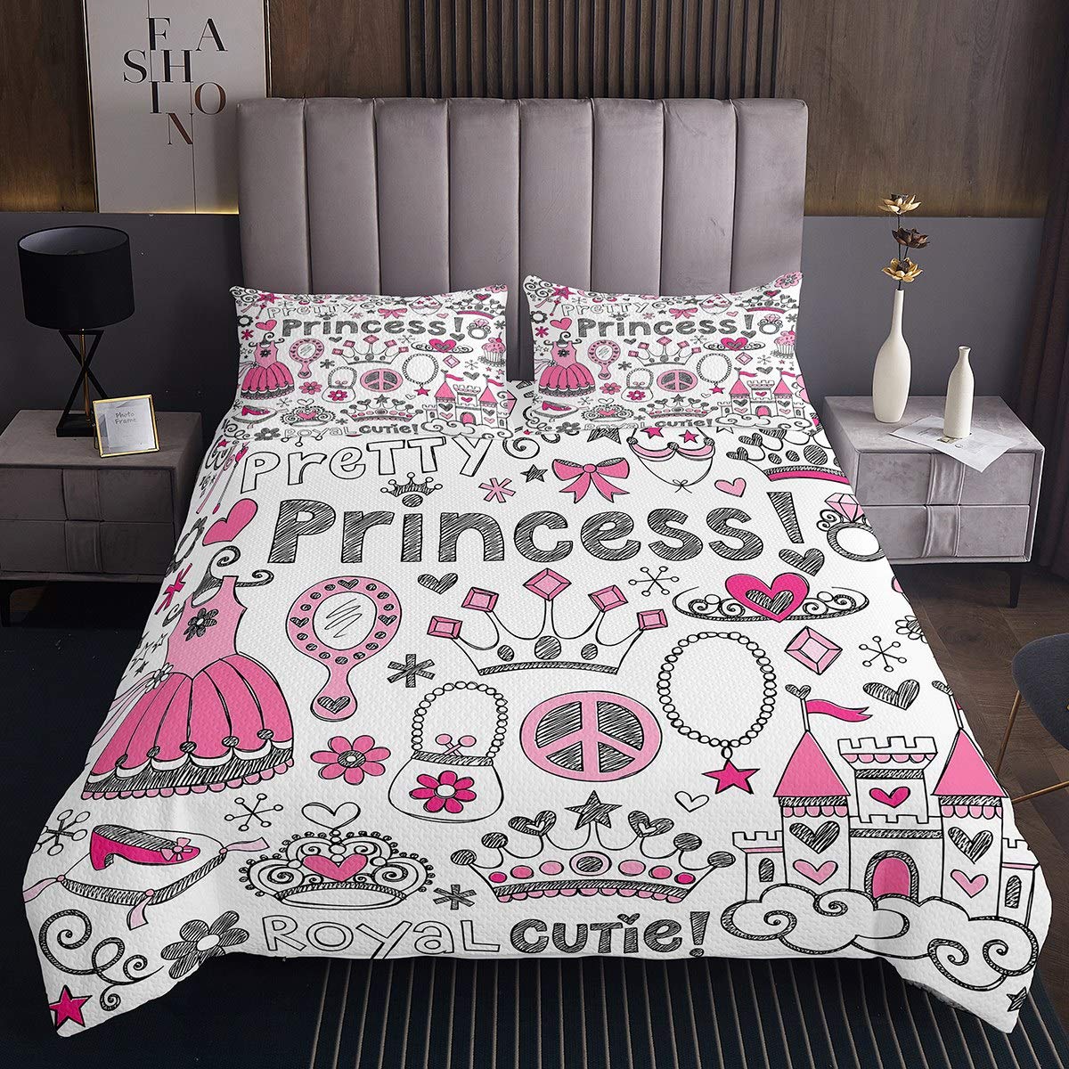 Tbrand Imperial Crown Quilt set Royal Cute Quilted Bedspread Coverlet for Kids Boys Girls Princess Coverlet Pink Quilted Bedroom Collection 3Pcs Double Size