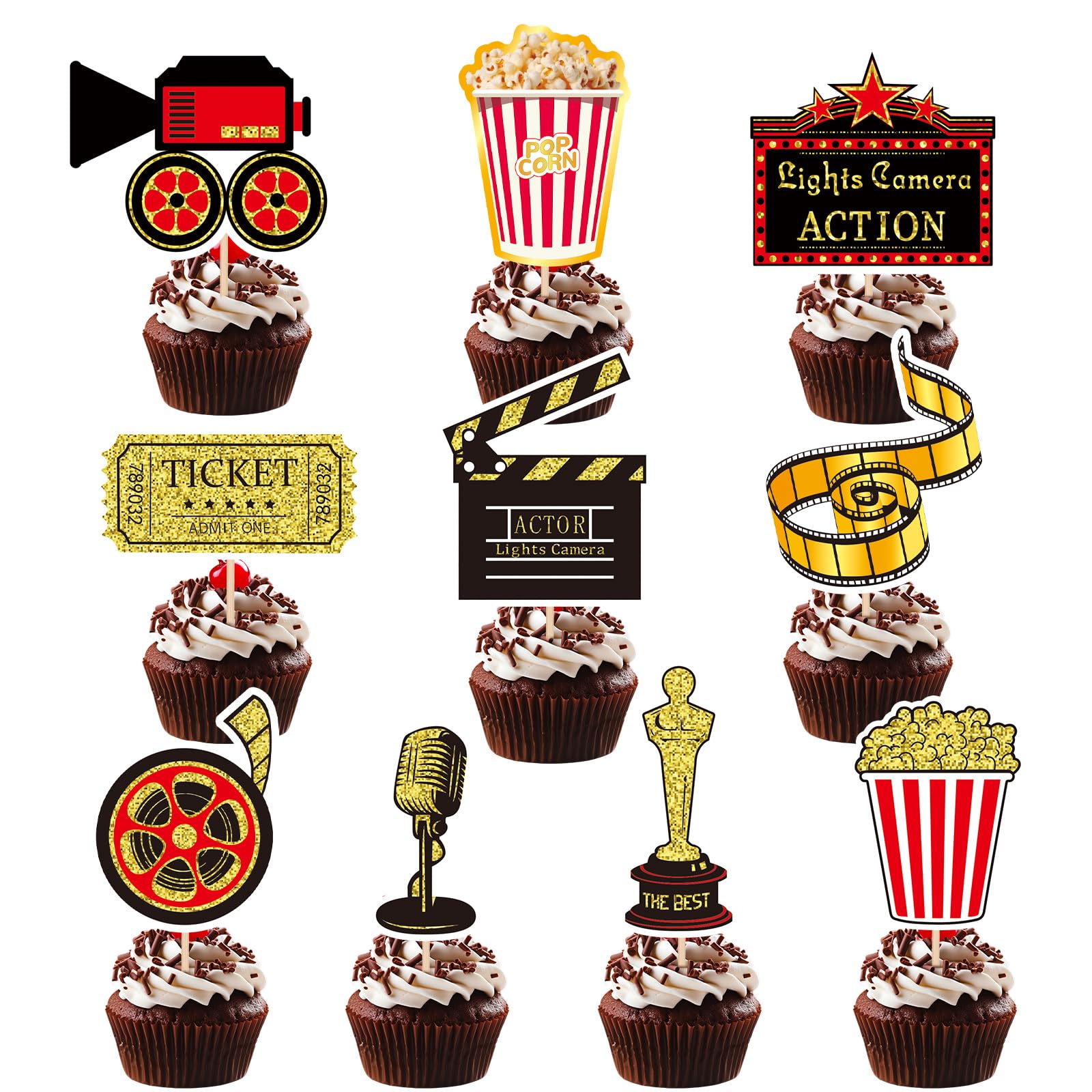 Photo 1 of 50 PCS Movie Happy Birthday Cupcake Toppers Theater Theme Party Decorations Red Carpet Cake Decor Cupcake Decorations Cake Decorating Party Supplies Decor for Theater Birthday Favors Boys Girls