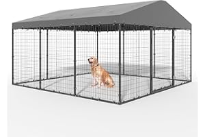 Delnavik Large Outdoor Dog Kennel, Heavy Duty Dog Cage with Roof, Steel Dog Kennel with Waterproof UV-Resistant Cover and Double Safety Locks, W 118" x D 118" x H 70.9"