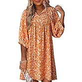 Dokotoo Womens Summer Dresses 2025 Boho Floral Drawstring V Neck Chiffon Lantern Sleeve Beach Vacation Mini Dress Sundress