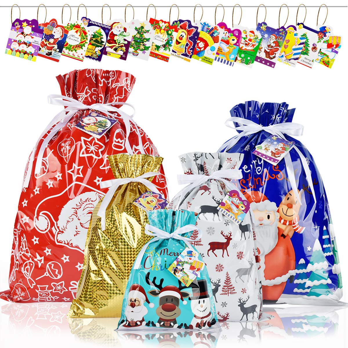 AUERVO 15-Piece Christmas Drawstring Gift Bags with Tags, 5 Designs, 4 Sizes - X-Large, Large, Medium, Small - Holiday Present Goody Bags for Xmas Party