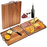 Double Side Acacia Wood Serving Tray, Serving Platters and Trays, Charcuterie Boards Wooden Tray with Vintage Metal Handles, Wooden Cutting Boards for Kitchen, Trays for Serving Food Serving Platter