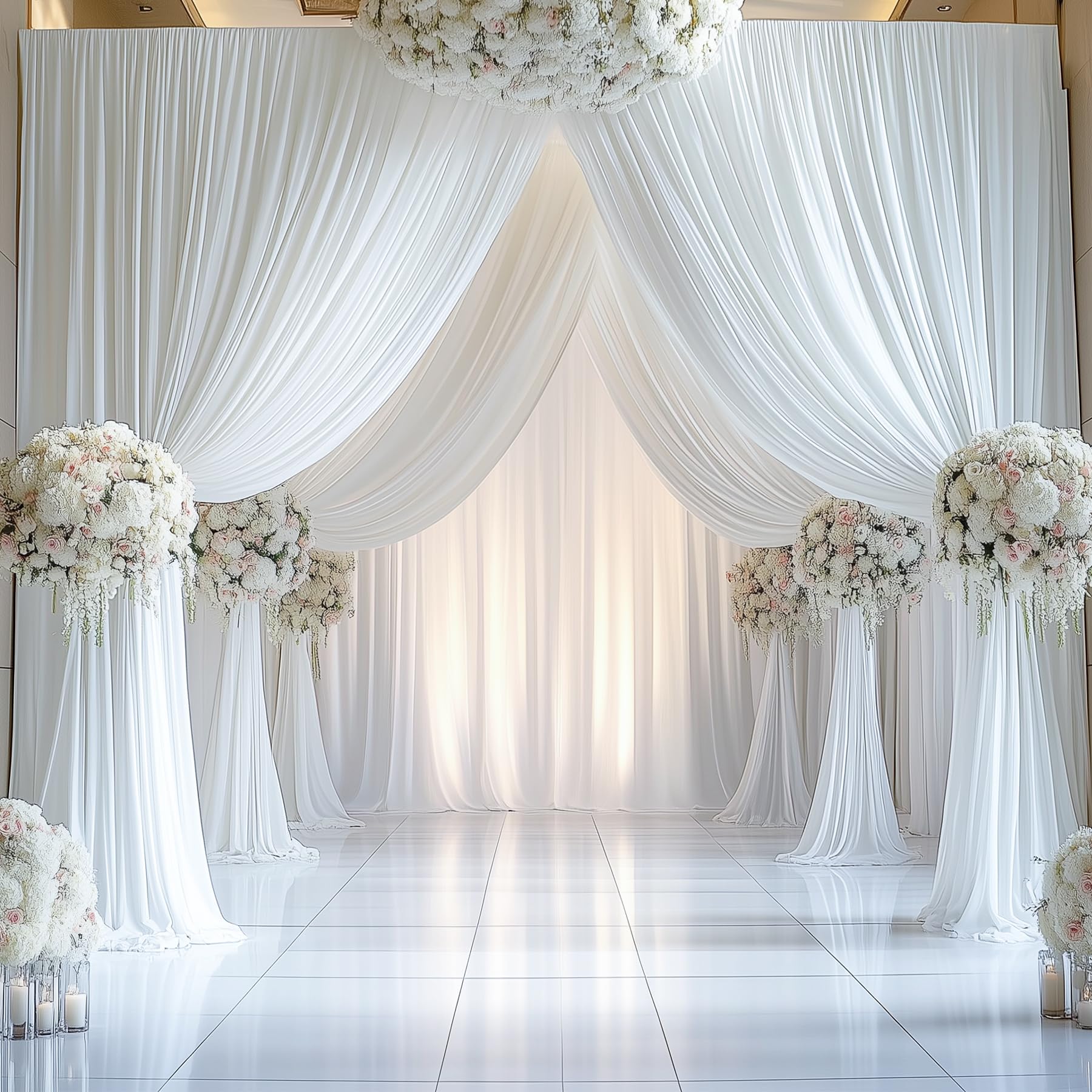 Photo 1 of 10ftx14FT Wrinkle Free White Backdrop Curtain, 2 Panels 14FT Height White Wedding Backdrop Drapes, Silky Polyester Back Drop Cloth for Birthday Photography Background Party Backdrop Draping
