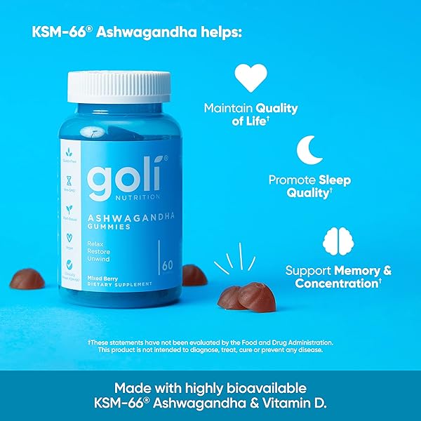 GOLI ASHWAGANDHA & VITAMIN D GUMMY – 60 COUNT – MIXED BERRY, KSM-66, VEGAN, PLANT BASED, NON-GMO, GLUTEN-FREE & GELATIN FREE RELAX. RESTORE. UNWIND, PACK OF 1