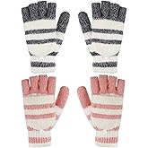 SATINIOR 2 Pairs Winter Knitted Fingerless Gloves Convertible Winter Gloves Warm Wool Mittens for Women and Men (Pink, Black), Medium