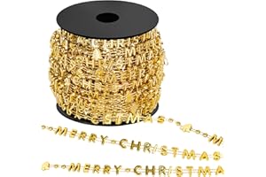 ARROWOM 66 Feet Christmas Tree Beads, Merry Christmas Gold Bead Garland for Christmas Tree, Plastic Words Christmas Tree String Garland Beads, Faux Christmas Tree Decor for Xmas Holiday Home Mantle Wreath