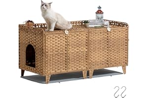 SETVSON Cat Litter Box Enclosure for 2 Cats, Double Litter Box Furniture with Litter Mat, Large Rattan Hidden Kitty Cat House with Double Room and Doors, 2 S-Shaped Hooks, 2 Inch Fence Natural