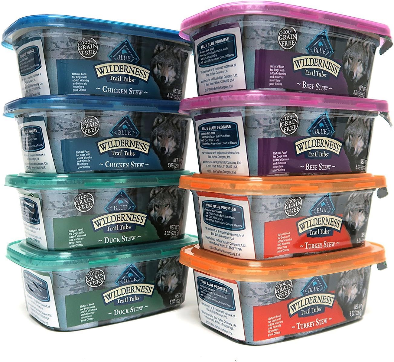 Blue Buffalo Wilderness Grain-Free Trail Tubs Stew Variety Pack, 4 Flavors (Chicken, Duck, Beef, and Turkey), 8 Ounces Each (8 Total Tubs)