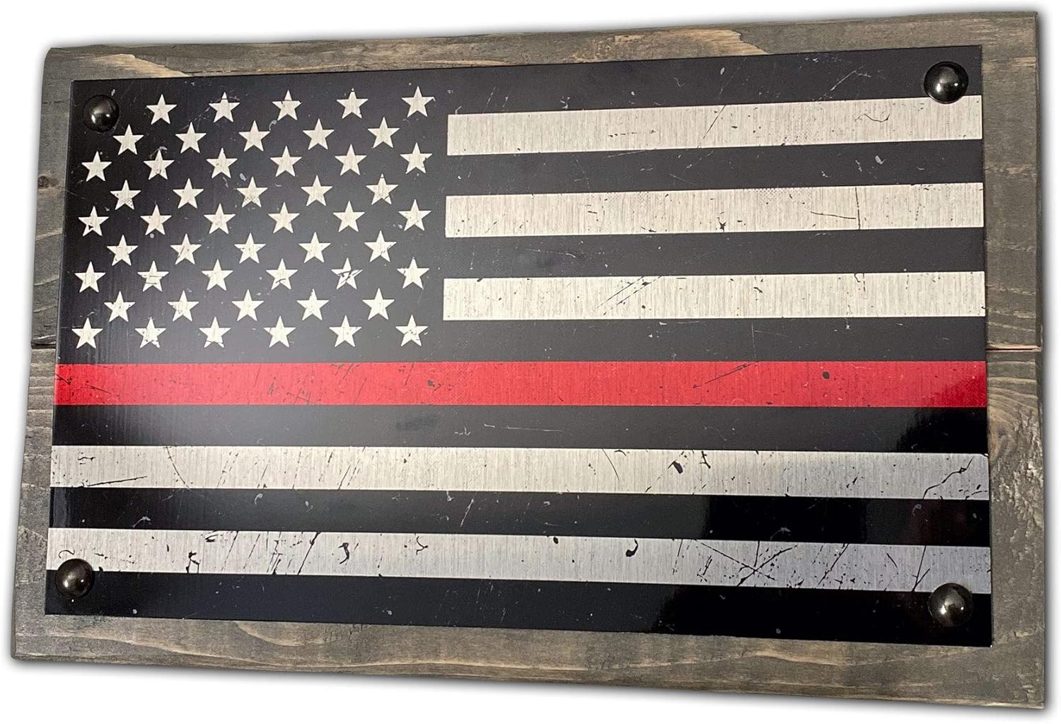 ANVEVO 12 Inch Metal Red Line American Flag On Wood – Wood Metal Wall Décor Art Gifts for Men – Hanging Signs for Home, Man Cave, Office – Stylish Aluminum Mounted on Wood - Handmade in The USA