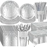 Funnymoom 452 Pcs Silver Birthday Party Decorations Include Diamonds Silver Glitter Paper Plates and Napkins Cups Tablecloth Cutlery Straws Disposable Tableware Set for Birthday Supplies
