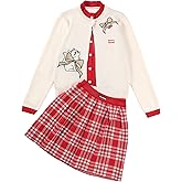 Barry Banny Girls 2 Piece Outfits Skirt Set, Cute Knitted Cardigan with Cat Bow Embroidery and Red Plaid Skirt For 6-16Y
