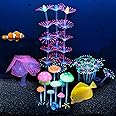 Filhome Glowing Fish Tank Decorations, 4 pcs Glow Aquarium Decoration Plants Kit Glowing Mushroom Coral Ornaments