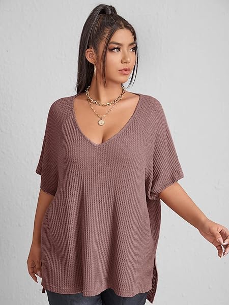 SOLY HUX WOMEN’S PLUS SIZE V NECK SHORT SLEEVE TEE SPLIT HEM WAFFLE KNIT OVERSIZED CASUAL LOOSE SUMMER BASIC T SHIRT TOPS DUSTY PINK