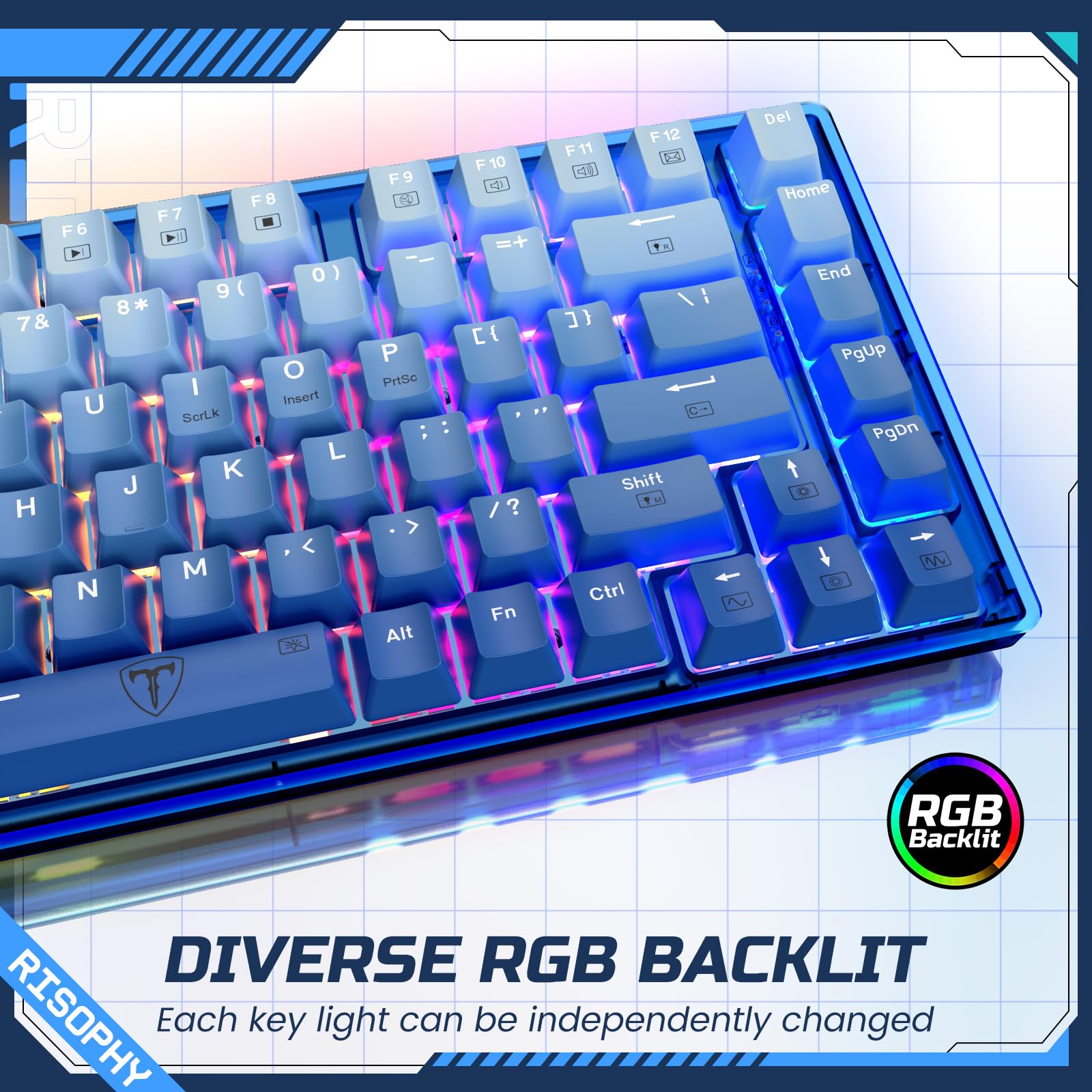 RisoPhy 60 Percent Mechanical Gaming Keyboard - 82 Keys Hot Swappable, Linear Silent Red Switches, Blue PBT Keycaps, Compact Mini RGB Backlit Wired Creamy, Pro Driver Supported