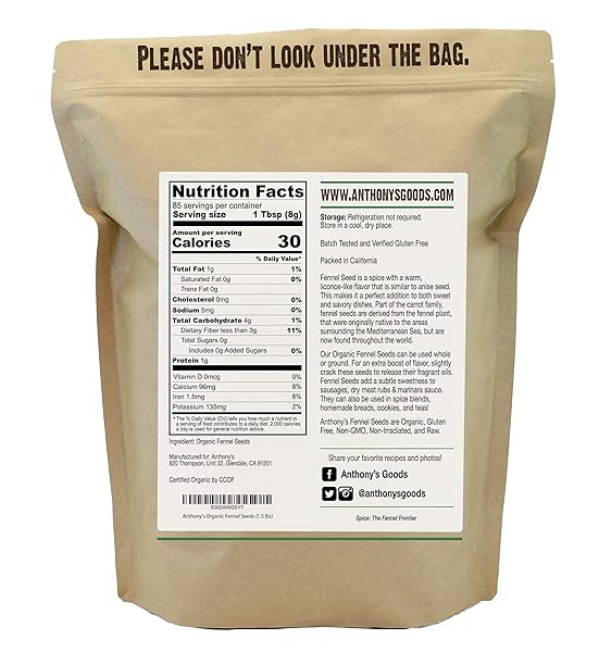 ANTHONY’S ORGANIC FENNEL SEEDS, 1.5 LB, WHOLE SEEDS, NON-IRRADIATED, GLUTEN-FREE, NON-GMO