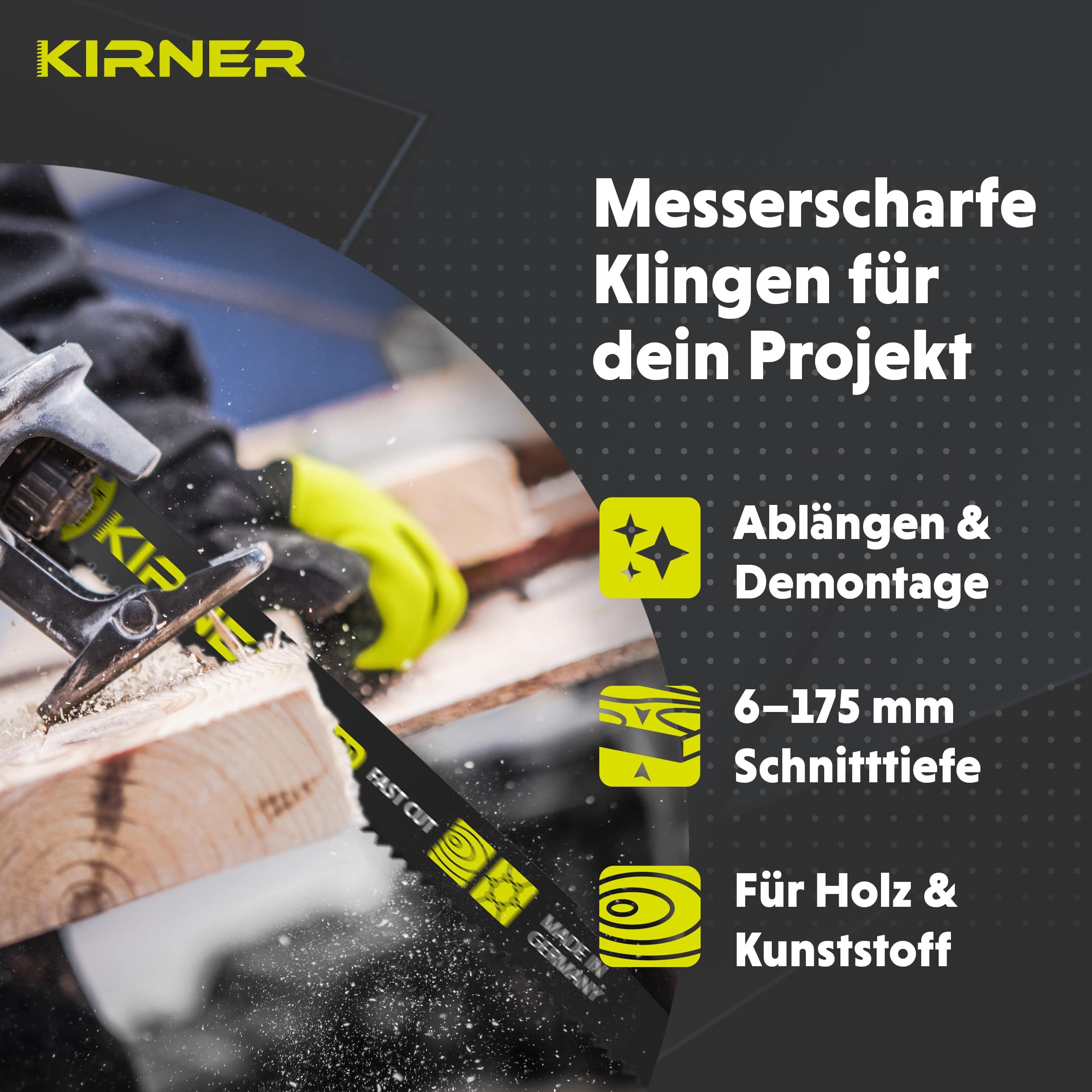 KIRNER Säbelsägeblätter Holz 225mm [ Extrem scharf & Langlebig ] 10er Pack Sägeblätter Säbelsäge inkl. Box - Reciprosägeblätter mit Universalaufnahme für alle Holz und Kunststoff 6-175mm 2
