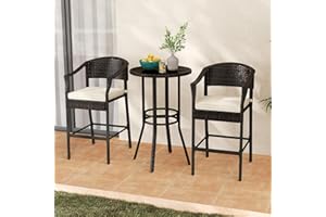 RELAX4LIFE 3-Piece Outdoor Bar Set - Patio Wicker Rattan Bar Height Barstools w/Cushions, Footrest, Round Glass Top Table, High Top Bistro Table & Chairs Set of 2 for Pool Porch Balcony (Brown-Beige)