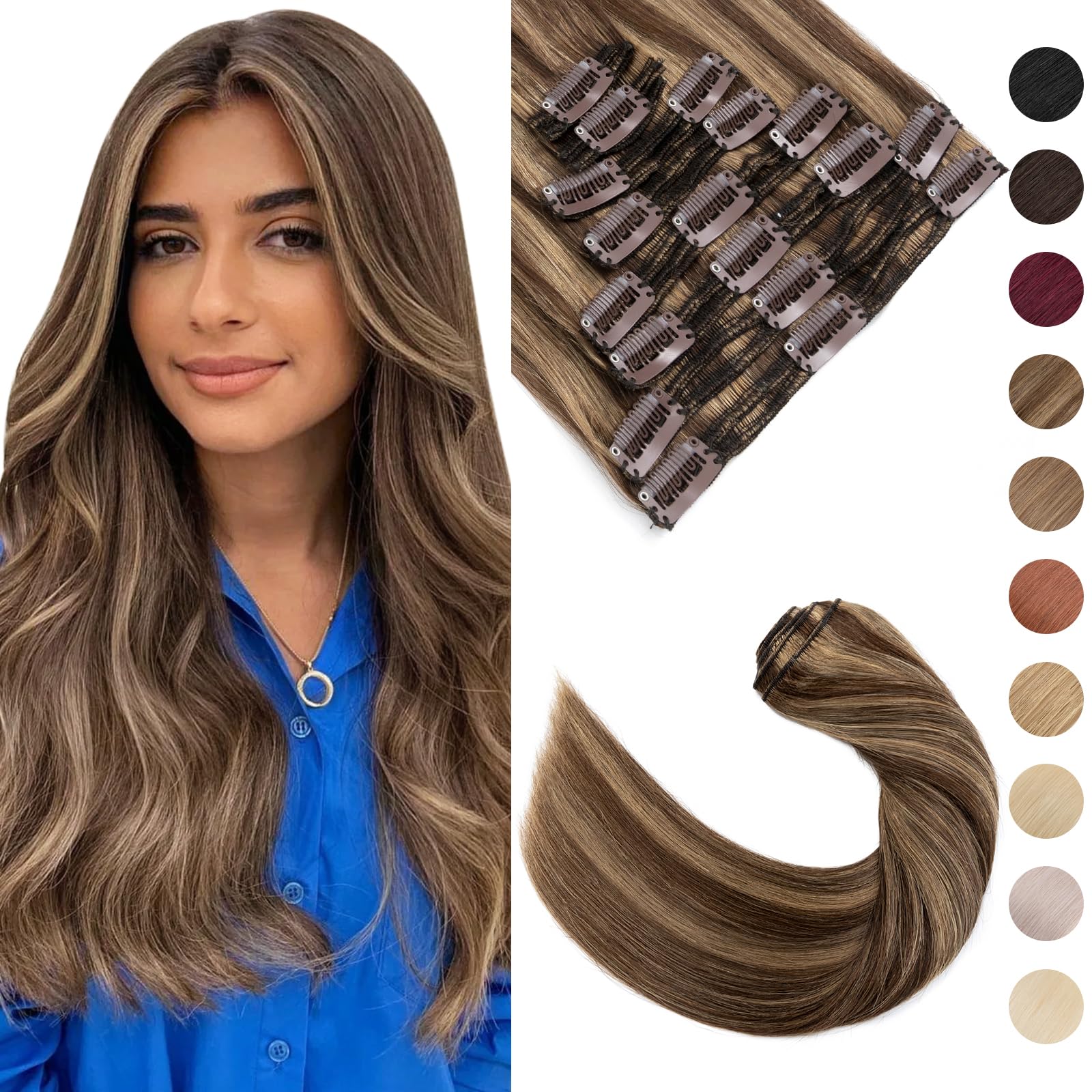Double Weft Clip in Human Hair Extension 18inch Remy Hair Extensions Straight 140g 8 Pcs Full Head (#4P27 Medium Brown&Dark Blonde)