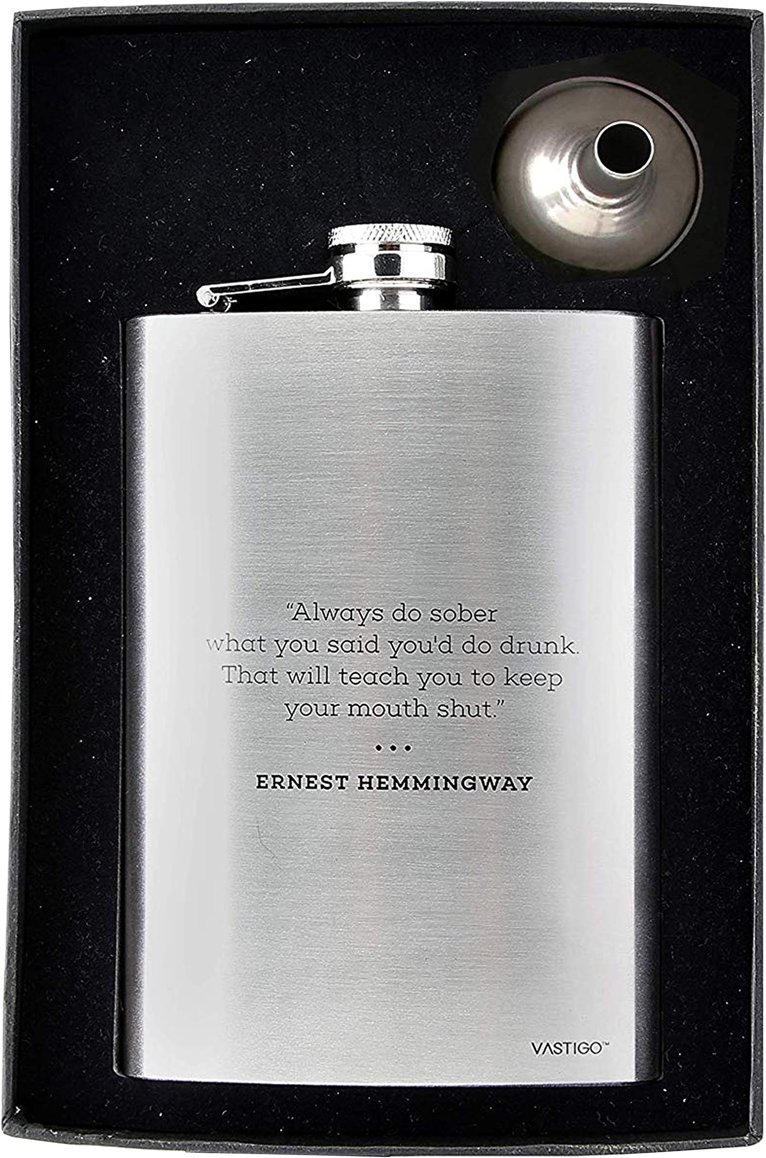 Stainless Steel Barware Flask (8 oz.) w/Gift Box & Funnel | Ernest Hemingway Quote | Vastigo (Stainless)