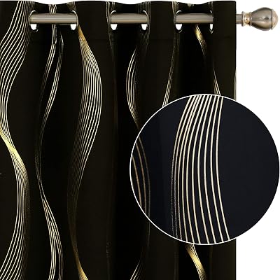 Deconovo Blackout Curtains 46x54 Inch Gold Wave Foil 2 Panels Bedroom