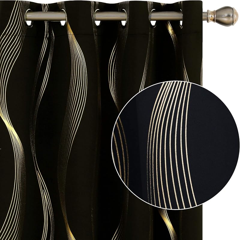 Deconovo Blackout Curtains 46x54 Inch Gold Wave Foil 2 Panels Bedroom