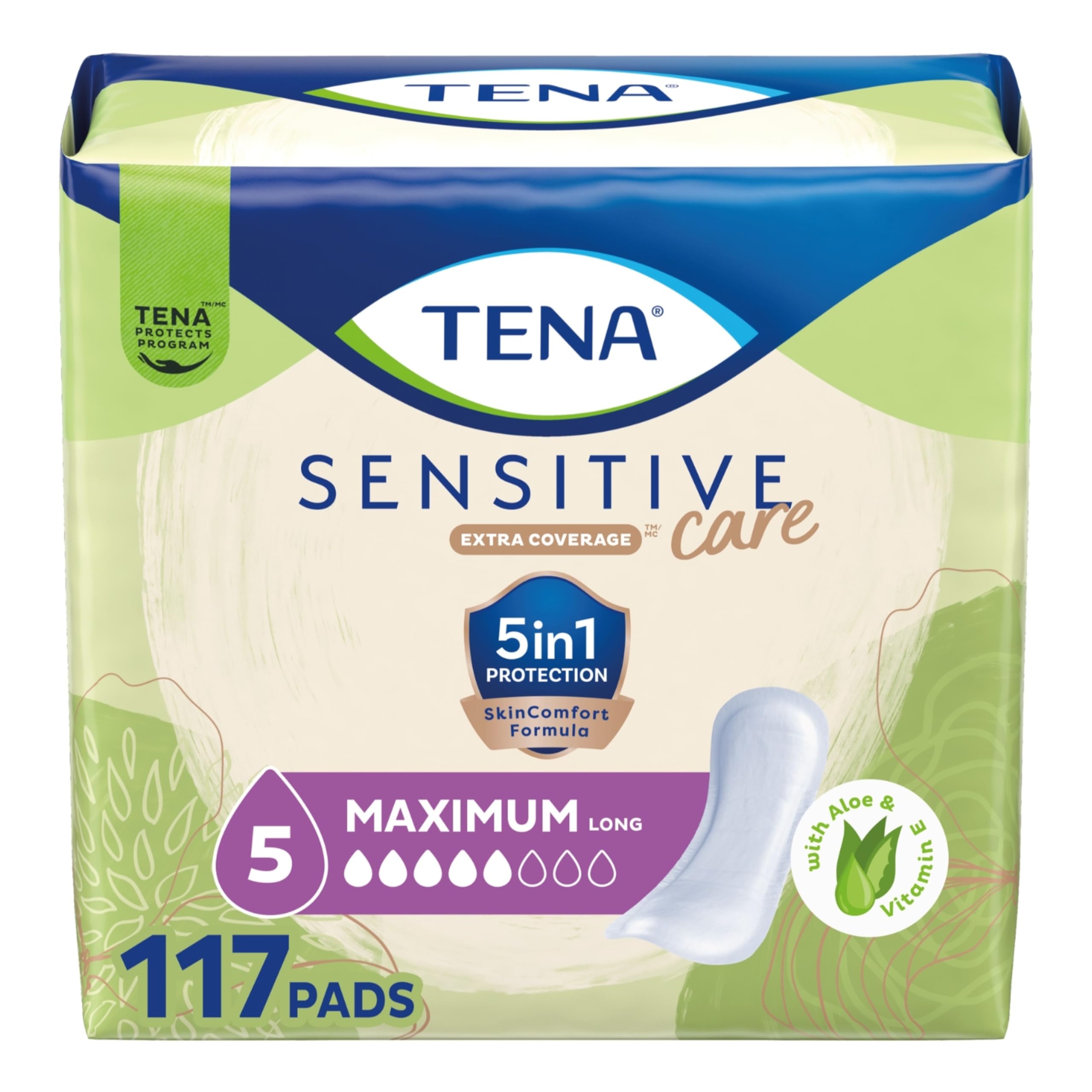 TENA Sensitive Care Incontinence Pads for Women, Bladder Control & Postpartum, Maximum Absorbency, Long - 117 Count