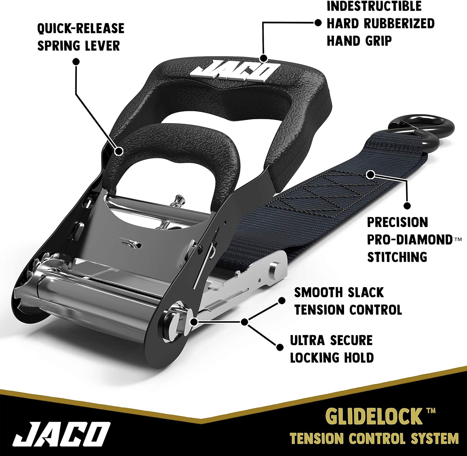 JACO Ratchet Tie Down Straps (Heavy Duty Set) - 1.6" x 8 ft | AAR Certified Break Strength (5,208 lbs) | with (4) Utility Ratchet Straps, (4) 17" Soft Loop Tie Downs, and Accessories (Black): Automotive