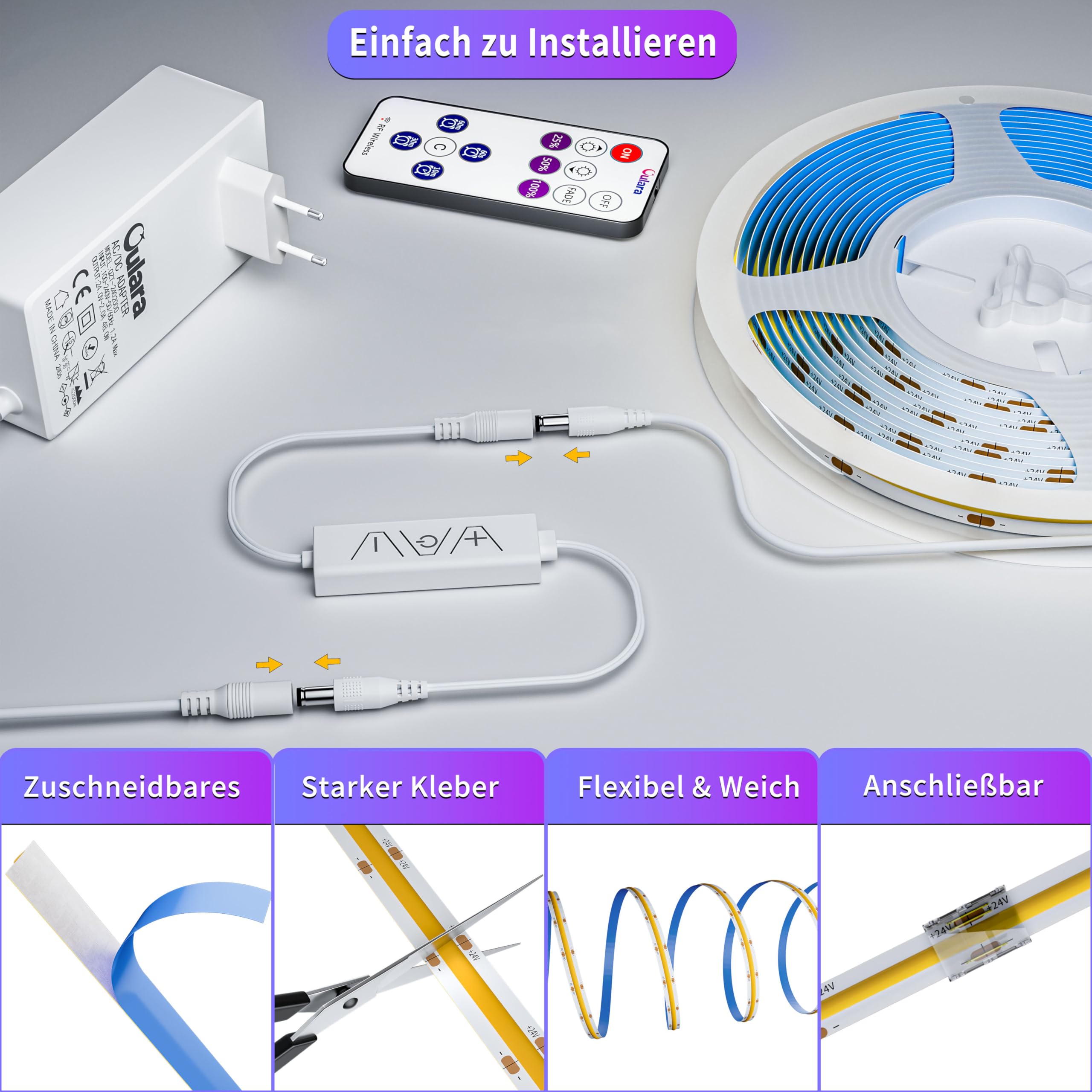 OULARA LED Streifen Strip 10M 2700K,Dimmbar Warmweiss 24V LED Band set mit RF Fernbedienung und Netzteil,CRI90+ Hell Unterbauleuchte für Home DIY Dekoration,Timerfunktion 3