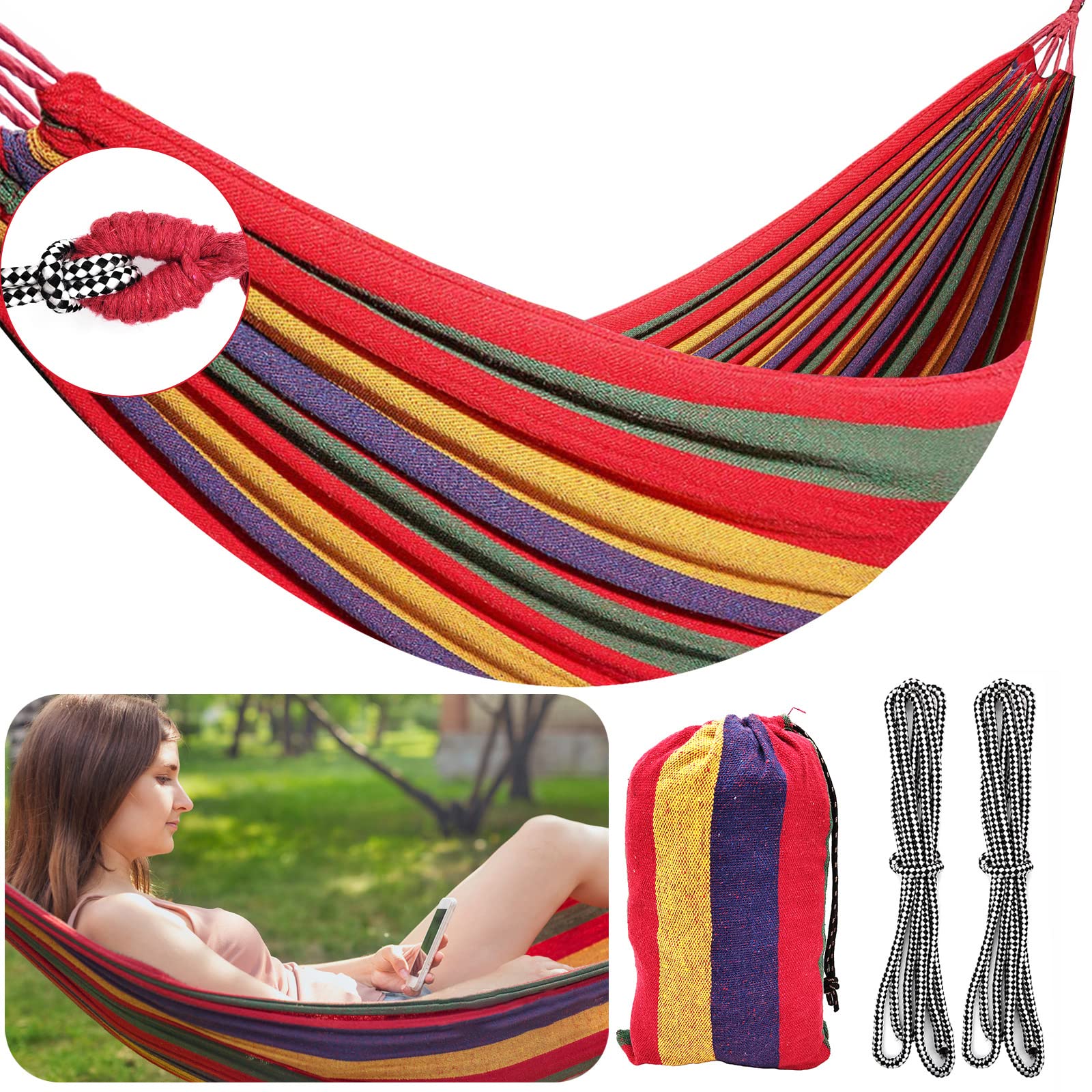 FORYNXHWIN Cotton Hammock - 190x100cm Outdoor Single Camping Portable Hammock with Travel Bag, Thickened Durable Canvas Fabric, Supports 150kg, Perfect for Garden, Camping, Patio, Balcony, and Indoor