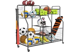 LUMAMU Garage Sports Equipment Organizer with Wheels - Ball Storage Rack with Elastic Rope or Wire Mesh,Garage Organizer System,Indoor/Outdoor Sports Rack for Sports Gear and Toys Storage,Black