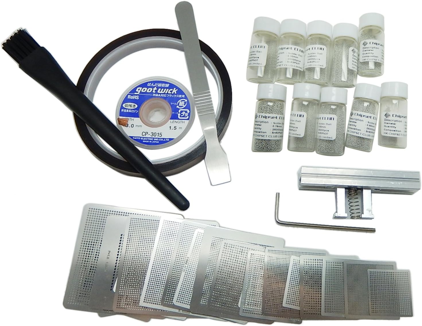 Chipset Club 27pcs Directly Heat Rework BGA Reball Stencils + Solder Balls + Wax Station Set