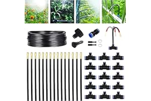 HEYXIRE 49.21Ft Greenhouse Drip Irrigation Kit Automatic Irrigation System 360°Adjustable 15 Brass Spray Nozzles 8mm Irrigation Tubing Hose Patio Misting Plant Watering with Blank Distribution Tubing Hose
