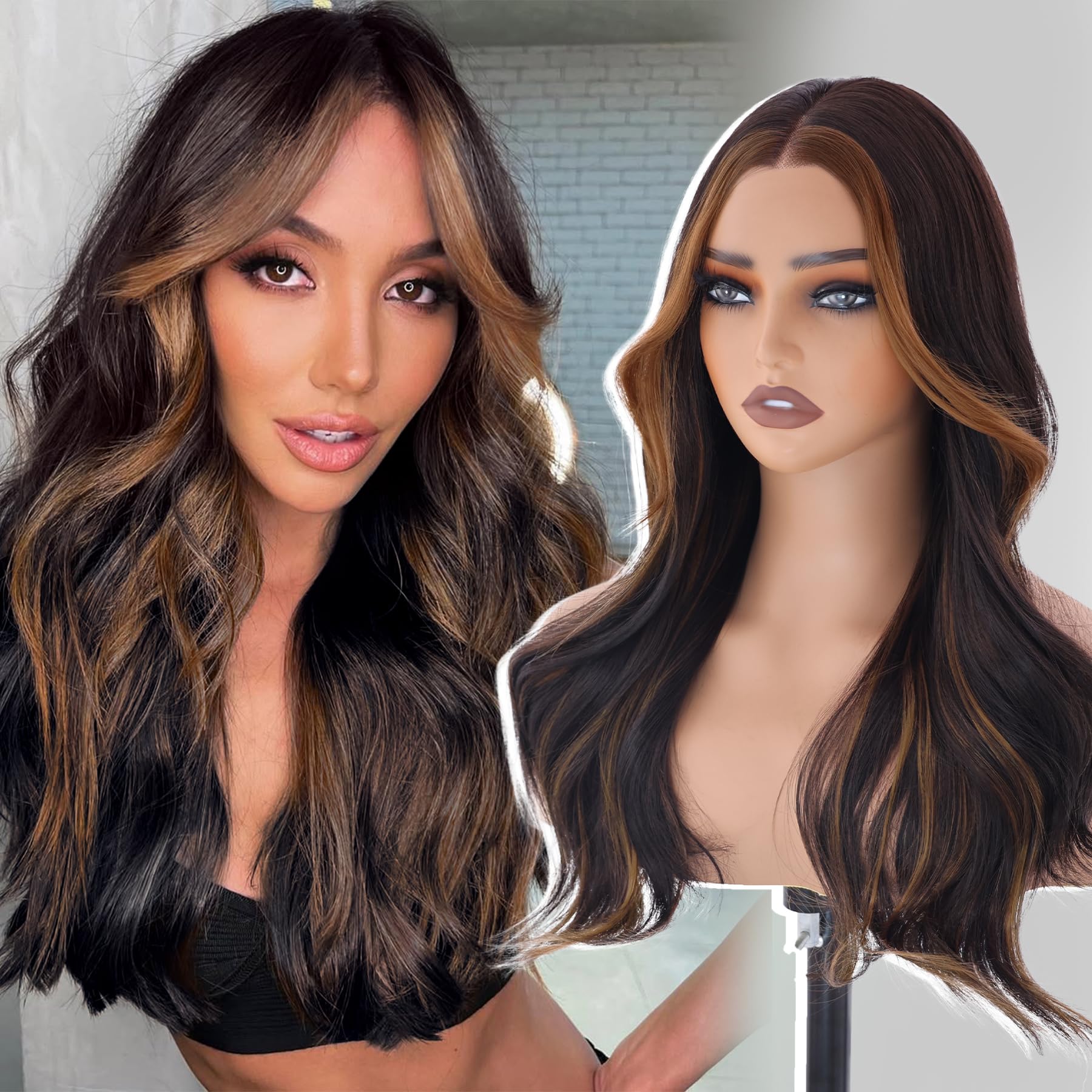 Photo 1 of Dark Brown with Highlights Wigs for Women Glueless Wig Synthetic Lace Front Wigs 13x4 Pre Plucked Pre Cut Wavy Wig