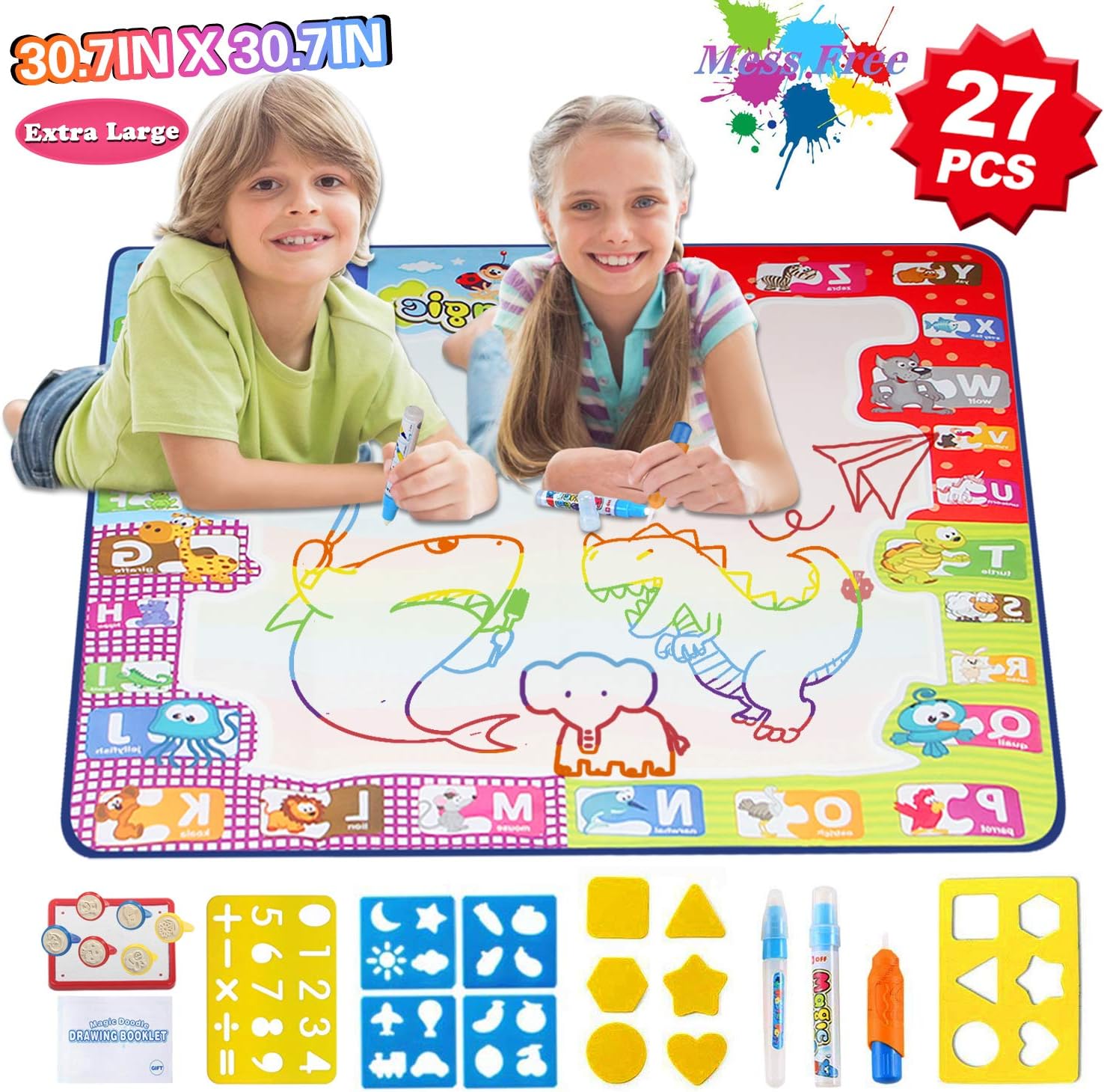 HOMOFY Aqua Magic Mat Extra Large 30.7" X 30.7" Water Doodle Drawing Mat A for Kids Mess Free 7 Rainbow Colors Painting Educational Toys for 2 3 4 5 Year Old Girls Boys Toddlers