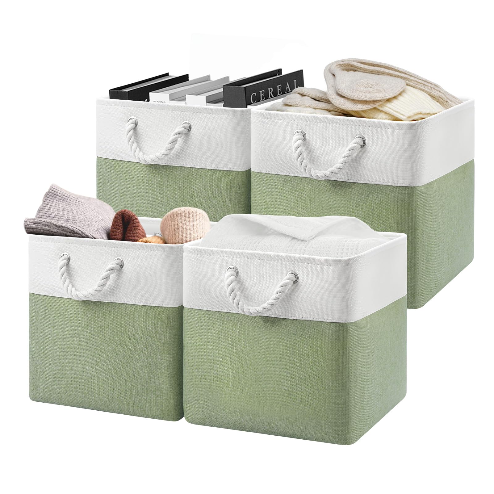 Photo 1 of Patvingot 13x13x13 Storage Cube Bins,Set of 4, Large Foldable Fabric Storage Cubes with Handles for Organizing Home, Closet, Clothes, Toy, Book, Office (White&Green)