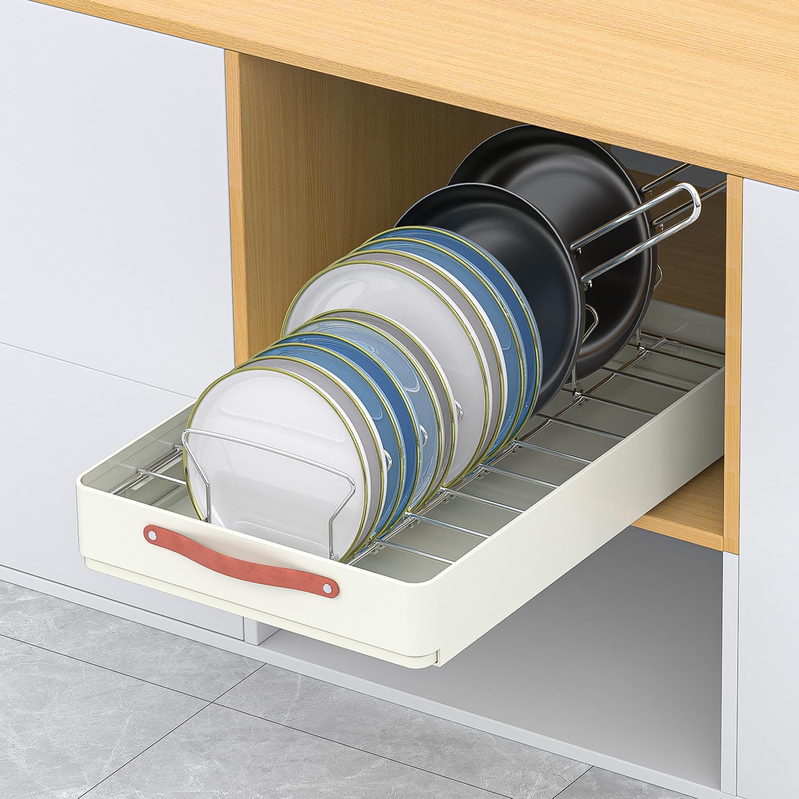 Photo 1 of  Dimensions	16.5"D x 11.8"W x 2.6"H   KMC Cabinet Pull-Out Organizer – No Screw, Peel & Stick Sliding Pantry Shelf – Adjustable Clips to fit Different Sized Dishes, Deep Kitchen Pullout with Home Adhesive