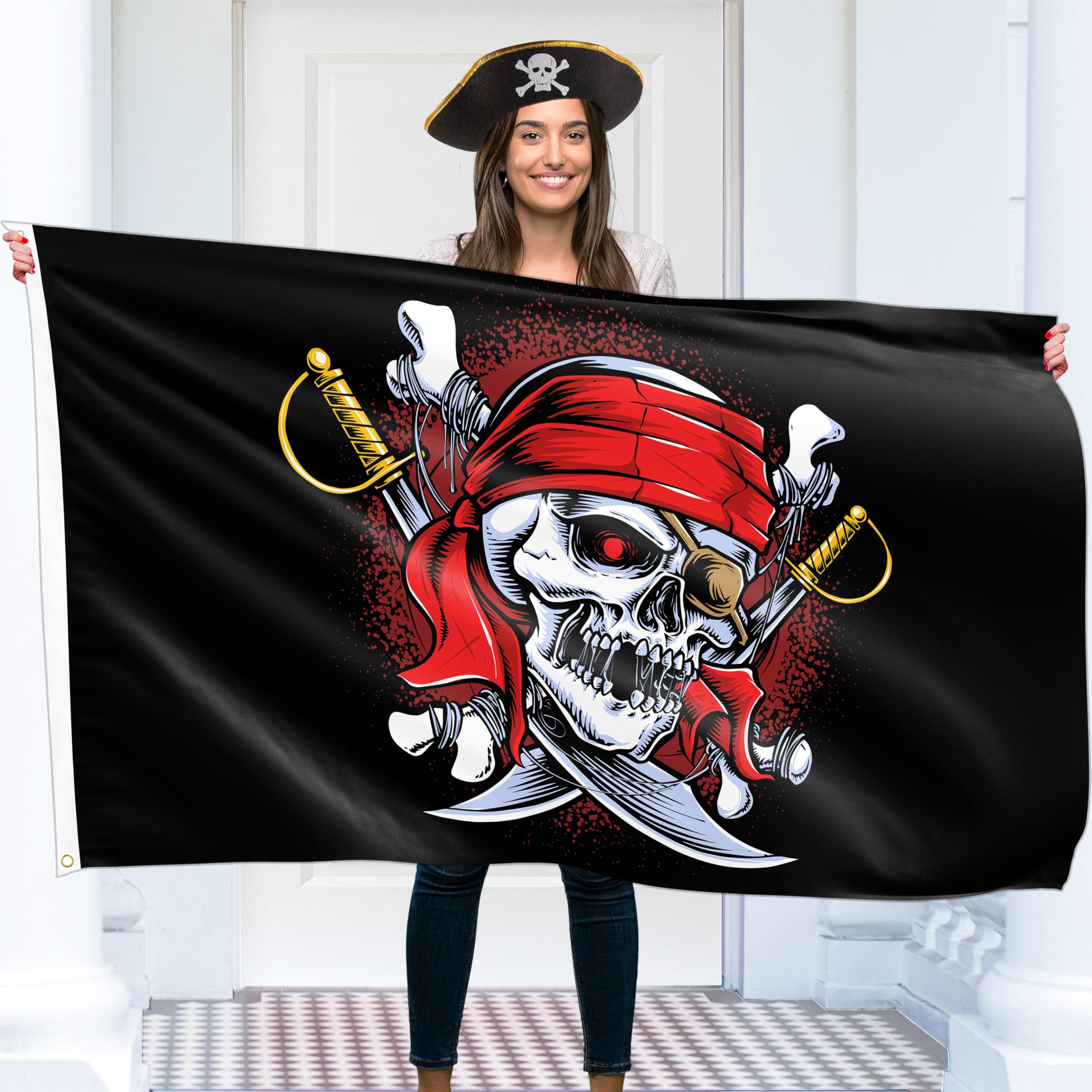 KASKANA Pirate Flag - Jolly Roger with Crossed Rapires - 110Den Polyester - Double Sided - 5ft x 3ft - Black - 3.5 x 5.9 inches